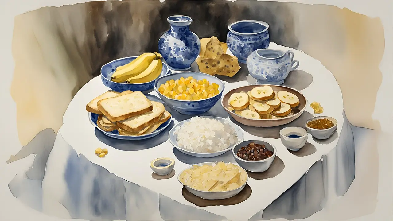 A table has a bowl of rice, a bunch of bananas, and a plate full of bread and toast that contains more protein. 