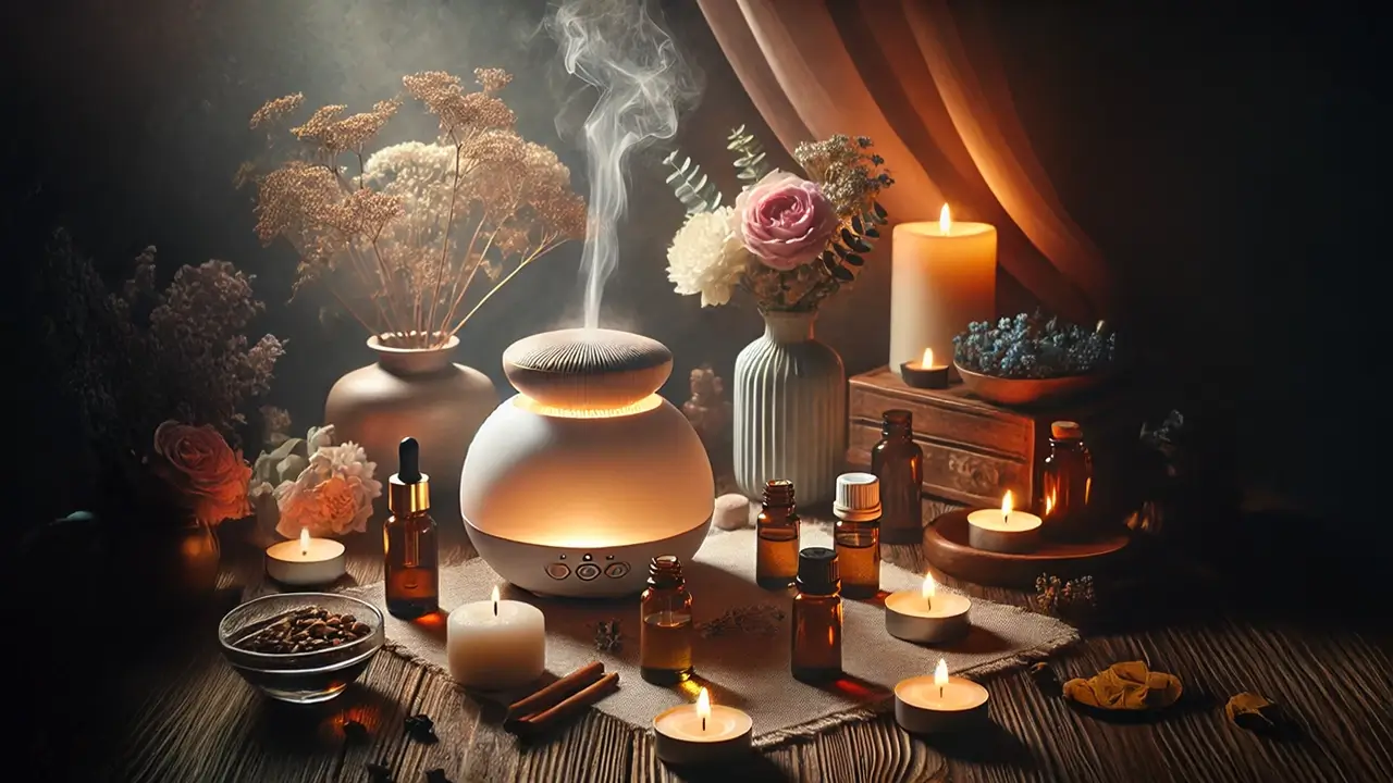 An elegant aromatherapy setup with a modern diffuser, essential oil bottles, and lit candles, surrounded by flowers and warm, ambient lighting.