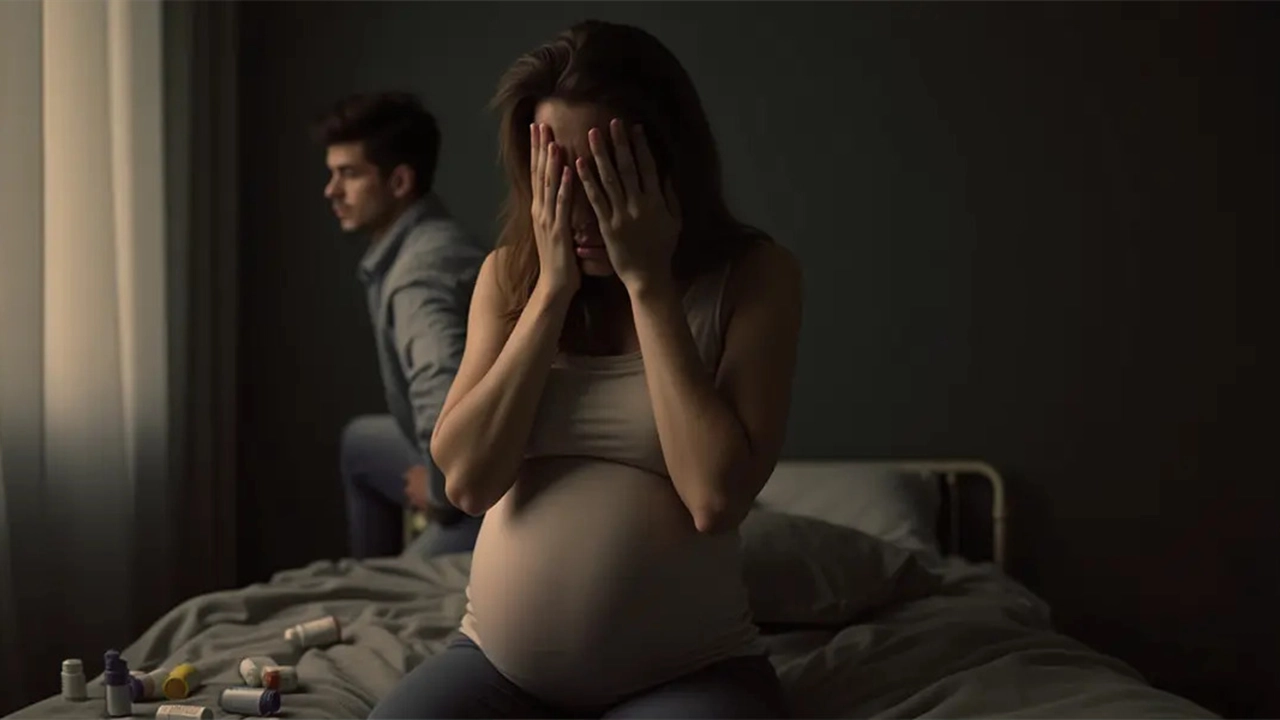 A Pregnant Woman Experiences migraine in the middle of the night while sitting in bed with her partner.