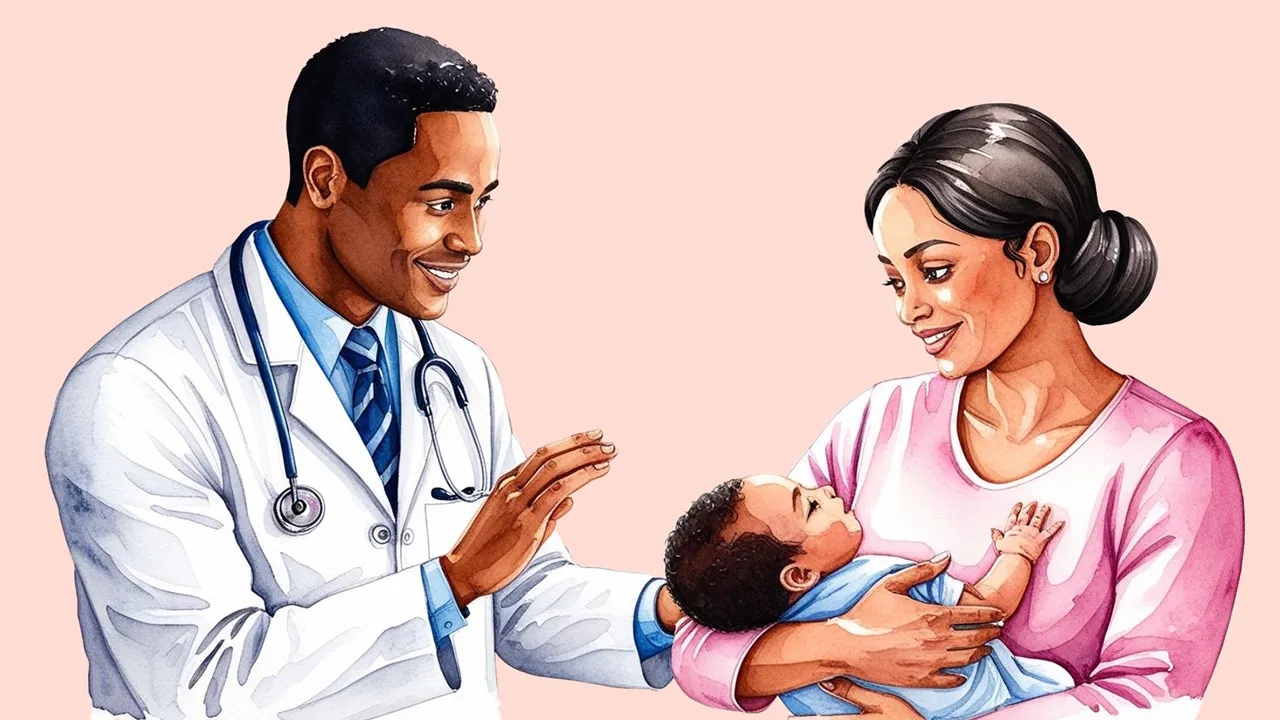  A New mom with her baby talking to the doctor.