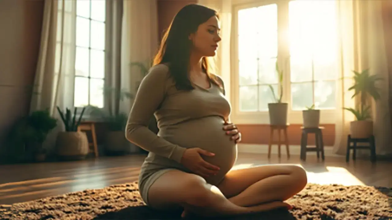 A woman in a living room sitting on the floor on the brown rug holding her belly thinking about the emotional and psychological expectations