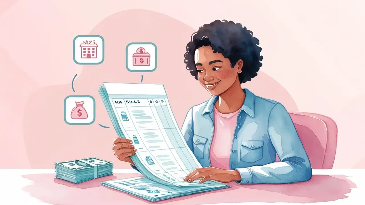 A Woman holding financial documents with a bundle of cash on the table.