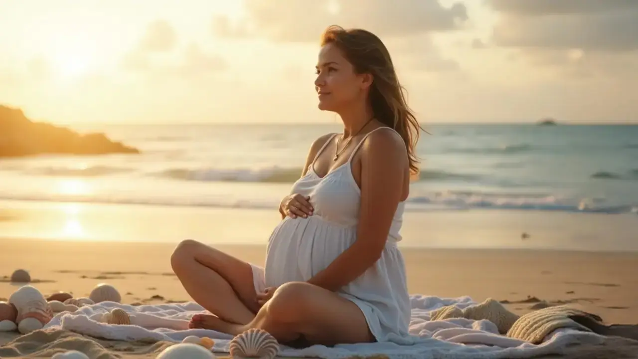 A Woman is sitting on spreads on the beach holding her belly and shells surrounding her by showcasing her pregnancy lifestyle.