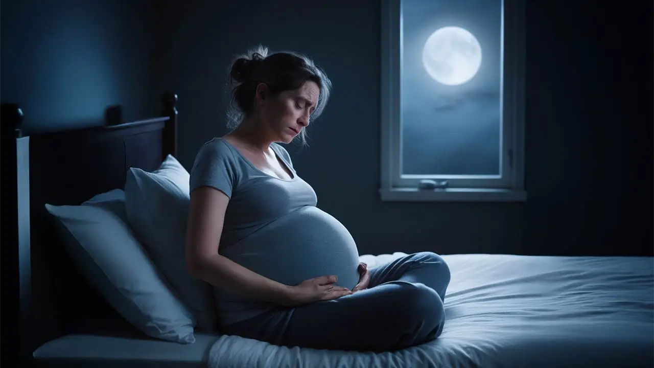 A pregnant woman sitting on her bed at night, gently holding her belly, represents sleep challenges during pregnancy.