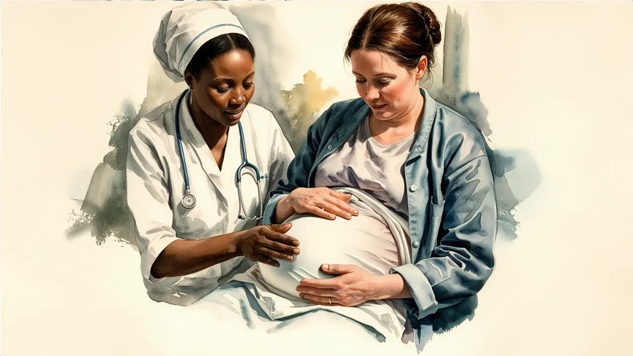  A Midwife helping the pregnant woman to feel comfortable by gently pressing her belly with her hands.