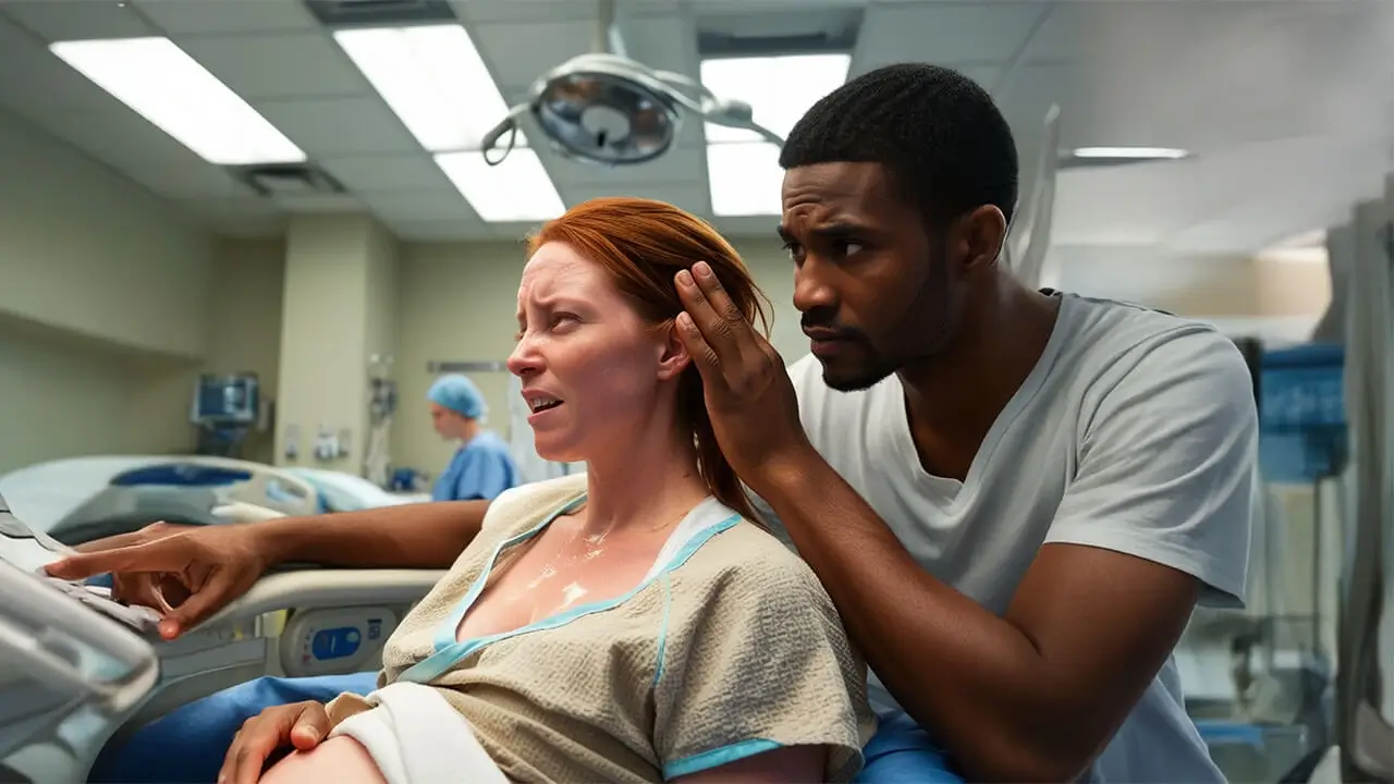 A Pregnant Woman is suffering from labor pain showing her physical and emotional discomfort and her husband trying to comfort her.