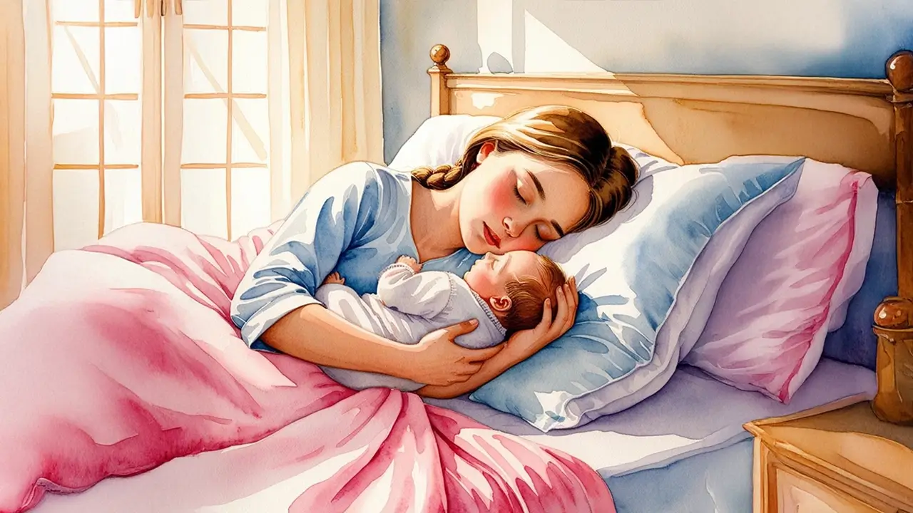 A New Mom Sleeping peacefully after her baby sleeps indicates postpartum care.