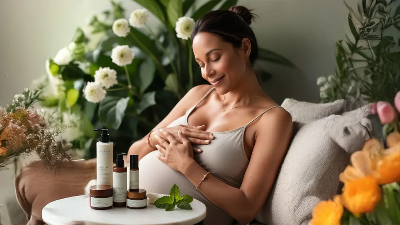 A Pregnant woman having her pregnancy skincare to adjust the skin transformation.