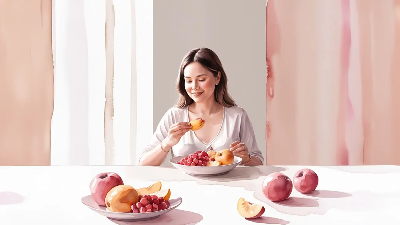 A Pregnant Woman is eating fruits as a part of her mid-day meal.