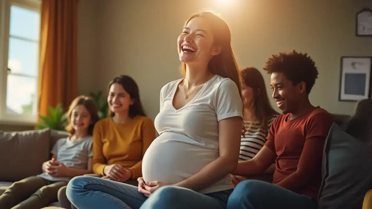 A Pregnant woman holding her belly sitting on the couch, Socializing with her friends, and laughing at their jokes.