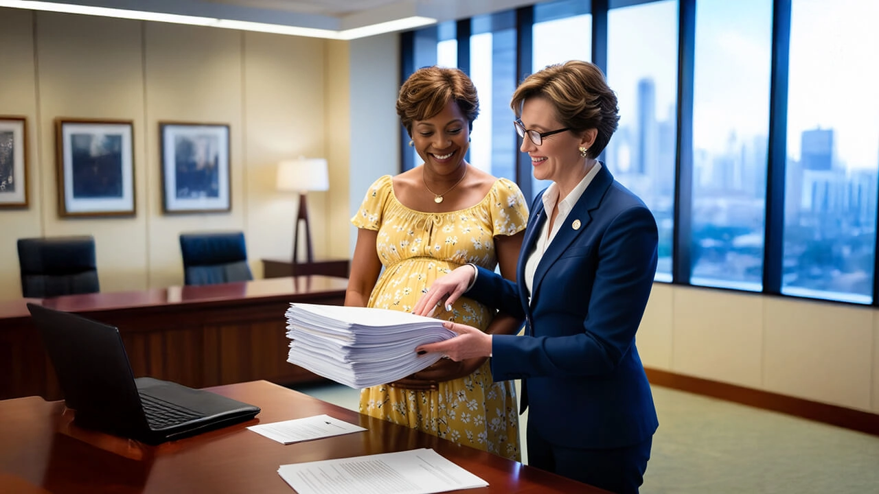 A government employee explaining pregnant woman about the pregnancy leave laws.