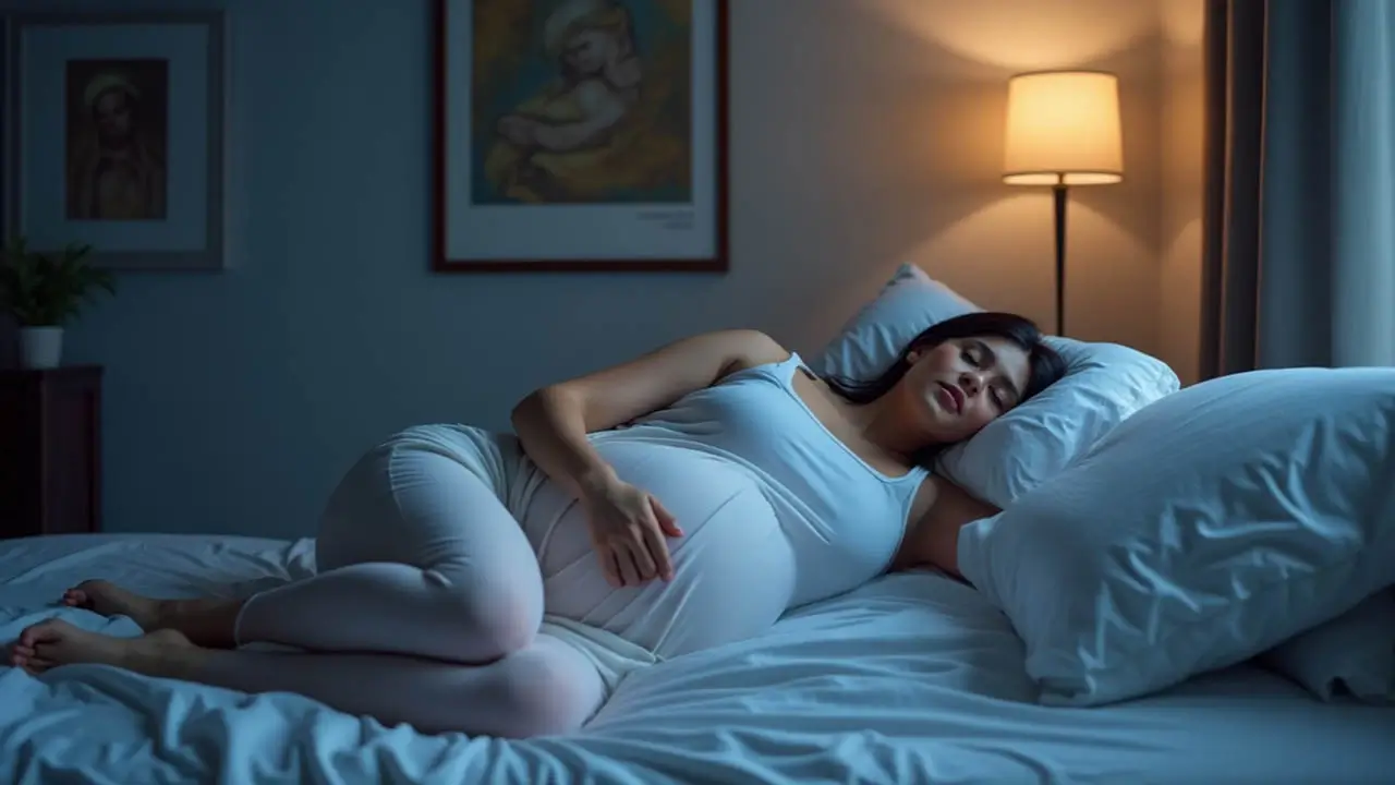 A Pregnant woman is resting on her bed holding her belly in a dim light room and illustrating the importance of sleep in pregnancy.