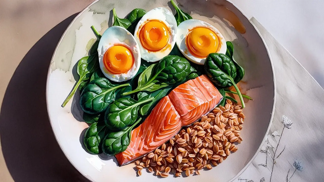A bowl contains eggs, spinach, salad, and whole grains as a nutritional diet.