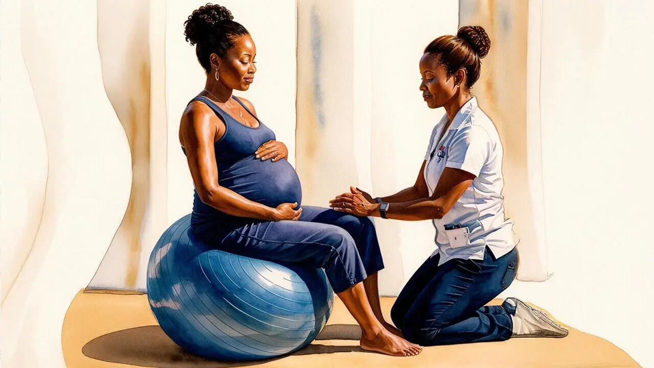 A Doula helps the pregnant woman during childbirth by helping her practice some exercise.