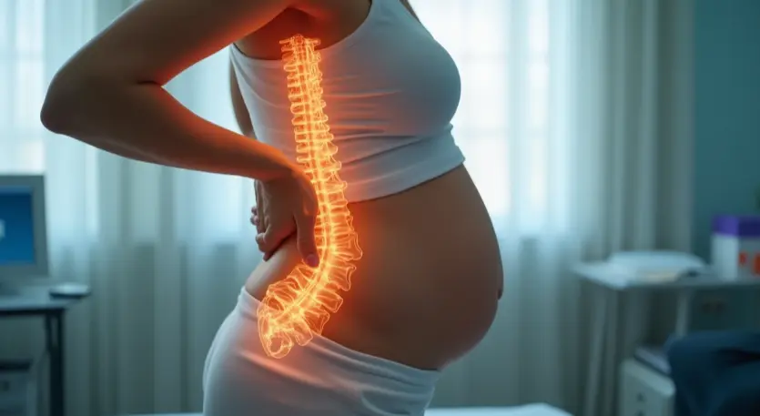 Her glowing spine outlines the pain a pregnant woman feels as she supports her lower back.