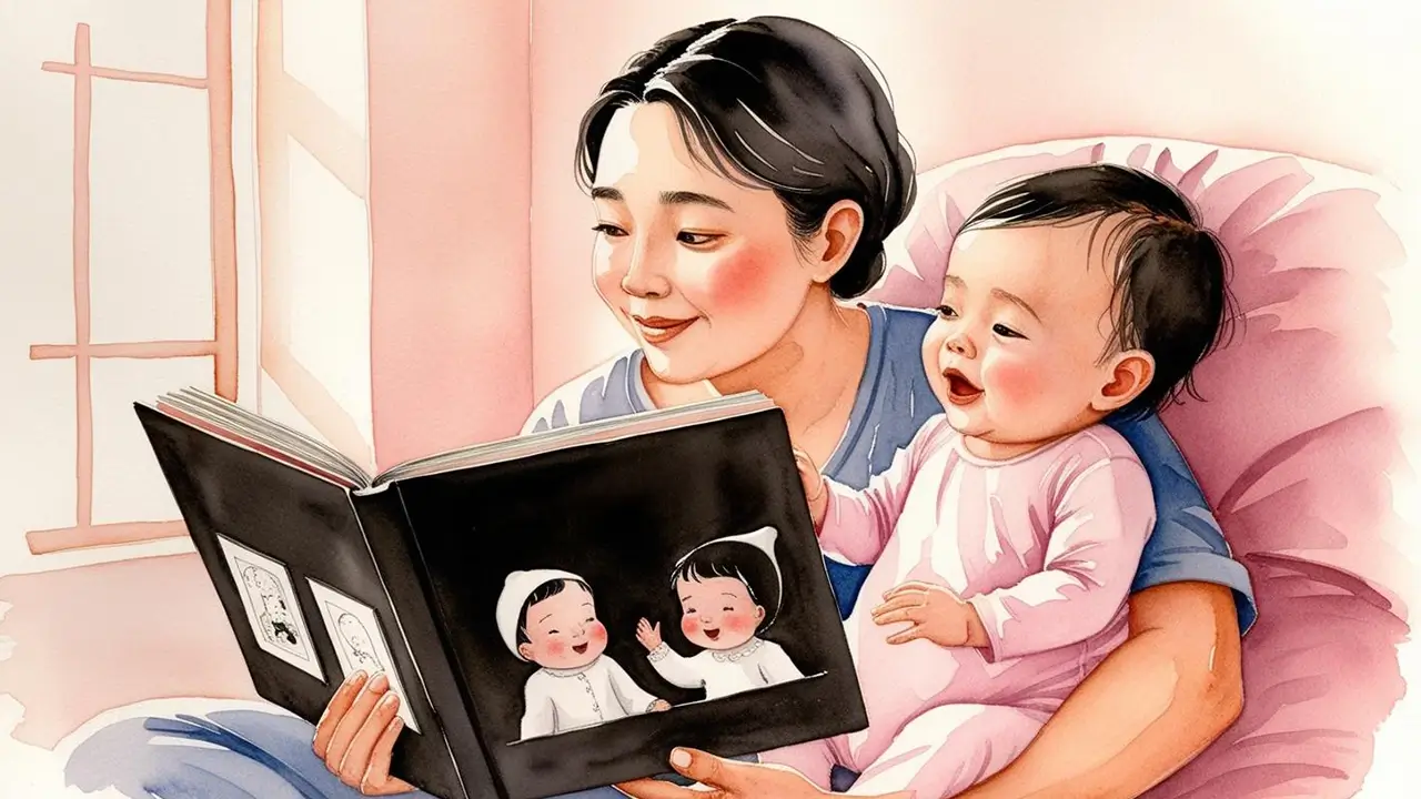The new mom holding her baby and the book.