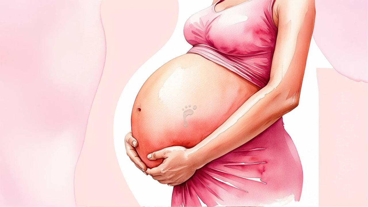 A baby is kicking from inside the mother’s womb and the imprint is seen on her belly.