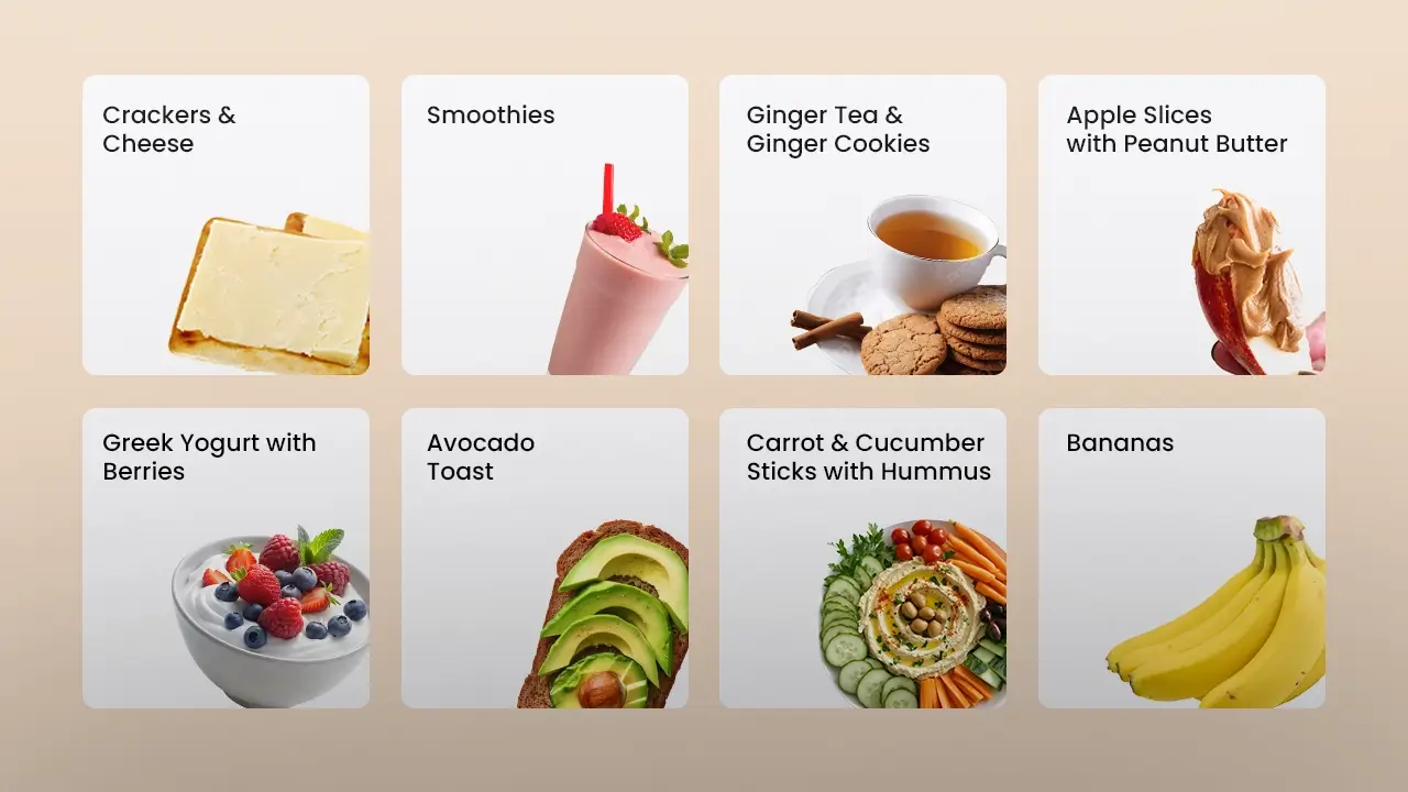 A variety of healthy pregnancy snacks: crackers with cheese, smoothies, ginger tea with cookies, and apple slices with peanut butter.