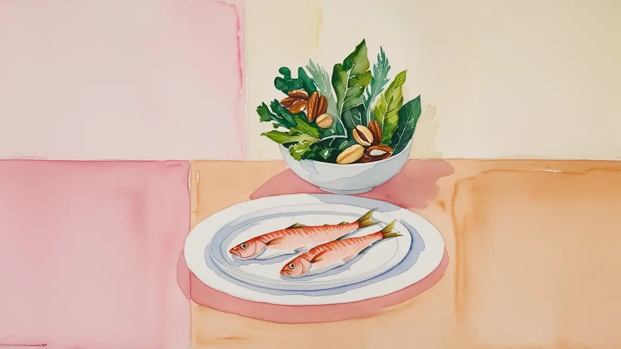  A Table with a bowl of nuts and leafy greens with a plate of cooked fish.