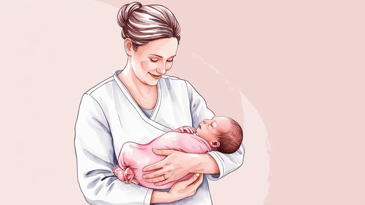 A Midwife holding a new-born baby.