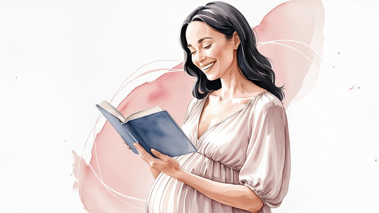 A pregnant woman wearing a light greyish dress reads a book