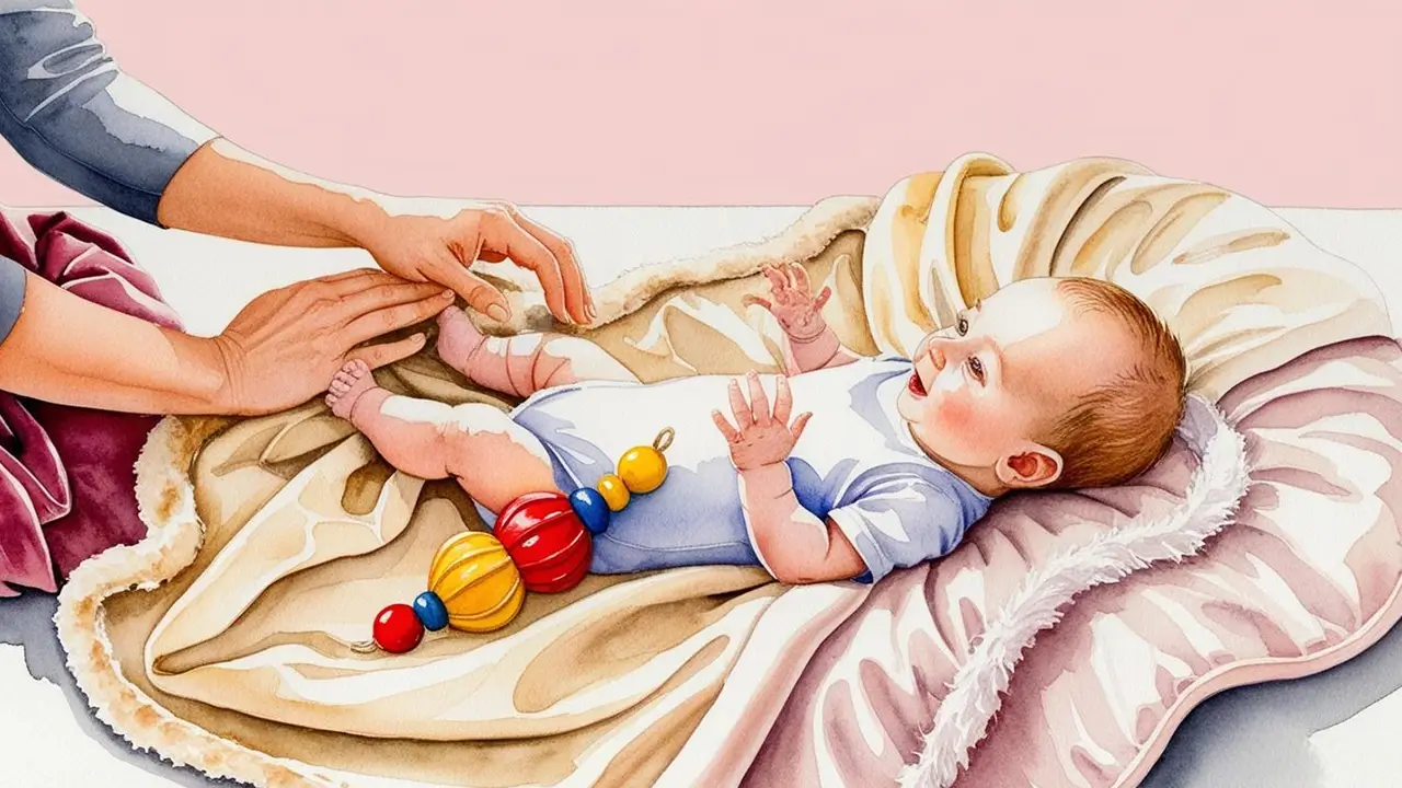 A baby lies on a soft cushion while the mother gently touches the baby's feet, with a colorful toy placed nearby.