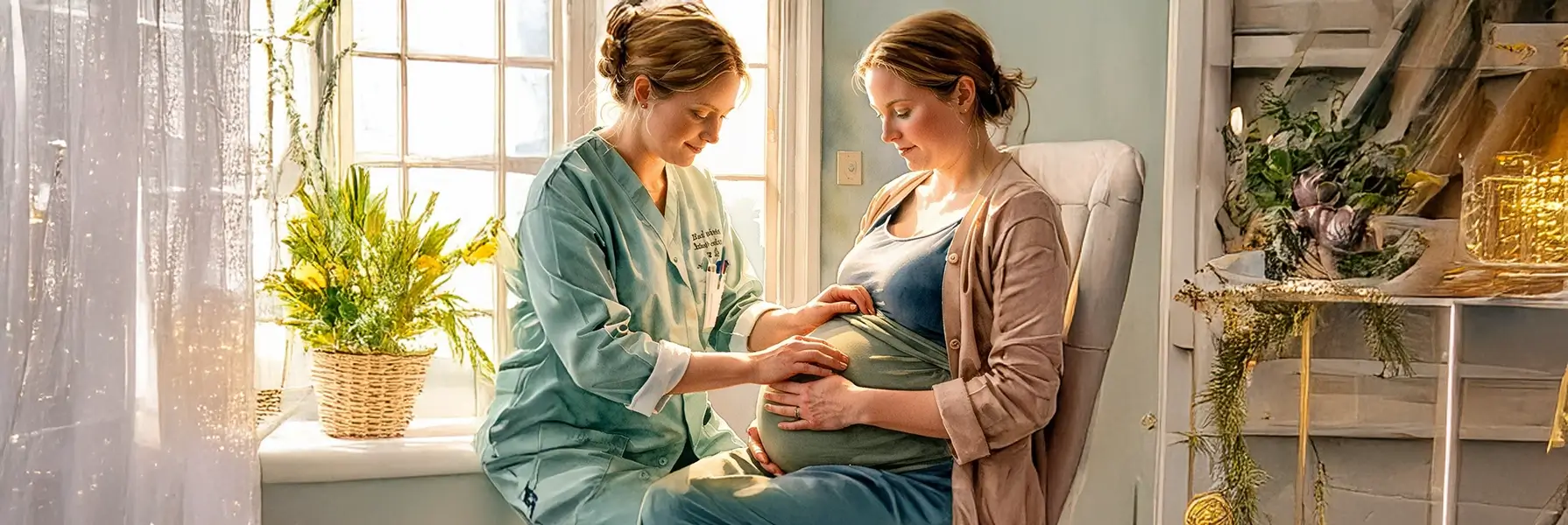 Midwifery care is making the pregnant woman feel much better by softly pressing her belly.