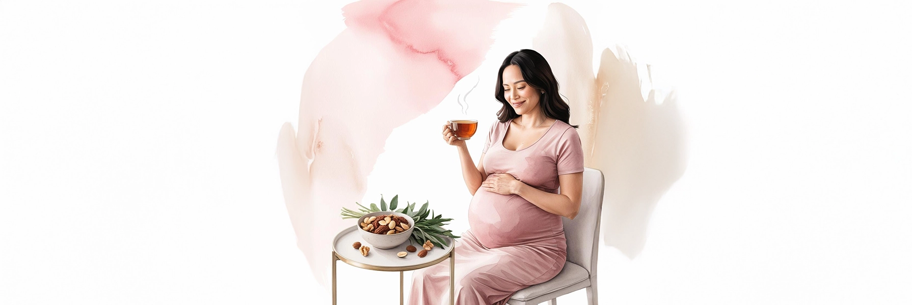 A warm cup of tea with nuts and leafy greens, rich in magnesium to prevent pregnancy cramps.